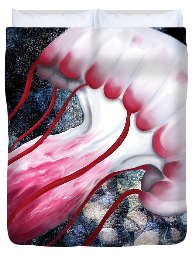 Jellyfish Duvet Cover featuring the digital art Red and White Jellyfish by Sand And Chi