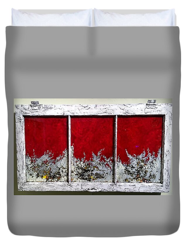 Red Duvet Cover featuring the mixed media Red and White Widow # 2 by Christopher Schranck