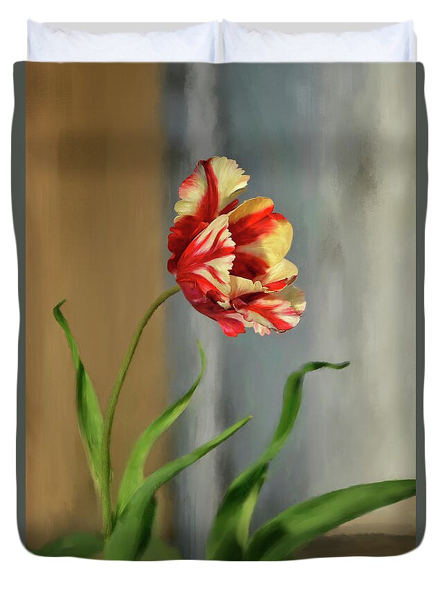 Tulip Duvet Cover featuring the digital art Red And Yellow Parrot Tulip by Lois Bryan