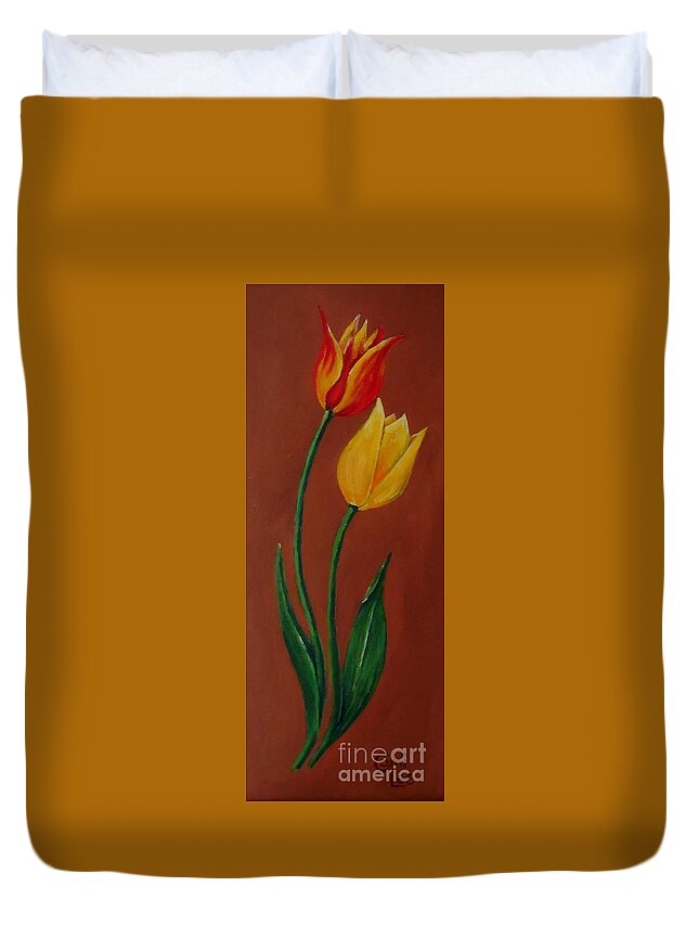 Red Duvet Cover featuring the painting Red and Yellow Tulips by Cami Lee