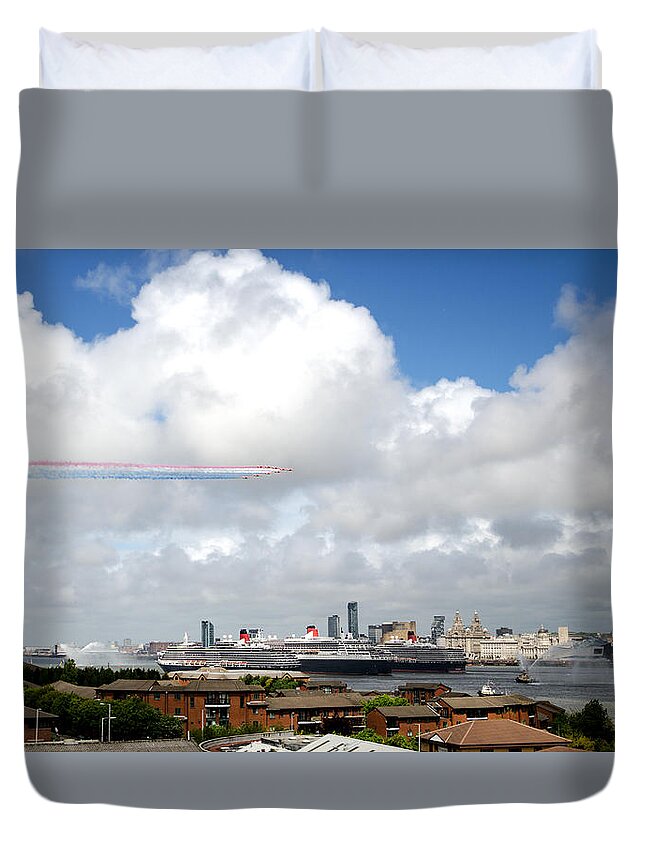 Cunard Duvet Cover featuring the photograph Red Arrows and the Three Queens by Spikey Mouse Photography