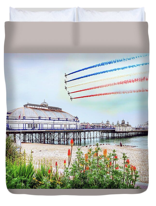 Red Arrows Duvet Cover featuring the digital art Red Arrows Eastbourne Pier by Airpower Art