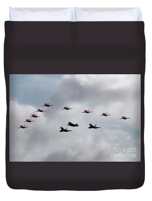 Red Arrows With F35 And Typhoons Duvet Cover featuring the digital art Red Arrows F35 and Typhoons by Airpower Art