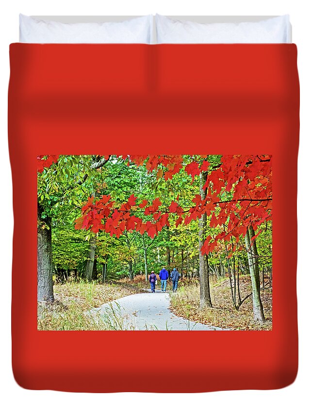 Red Autumn Leaves Over Trail To North Beach Park In Ottawa County Duvet Cover featuring the photograph Red Autumn Leaves over Trail to North Beach Park in Ottawa County, Michigan by Ruth Hager