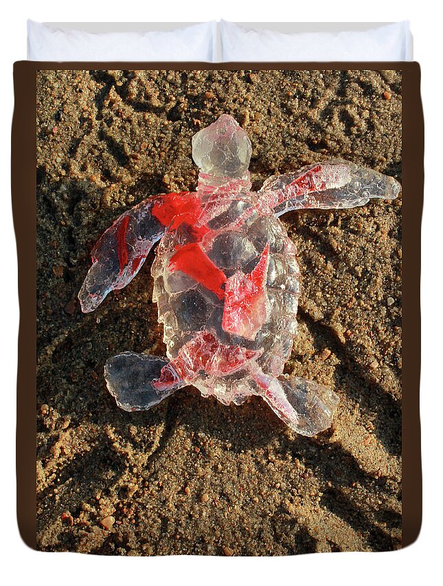 Sculpture Duvet Cover featuring the sculpture Red Baby Sea Turtle from the Feral Plastic series by Adam Long S by Adam Long