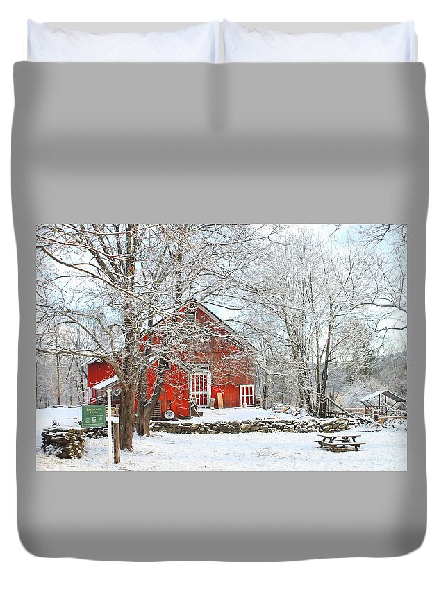 Farm Duvet Cover featuring the photograph Red Barn in Winter by John Burk