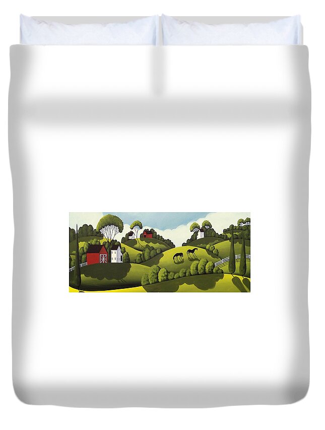 Barn Duvet Cover featuring the painting Red Barns - country landscape by Debbie Criswell