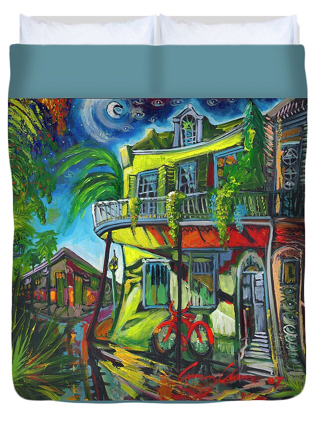 New Orleans Duvet Cover featuring the painting Red Bike On Royal by Amzie Adams