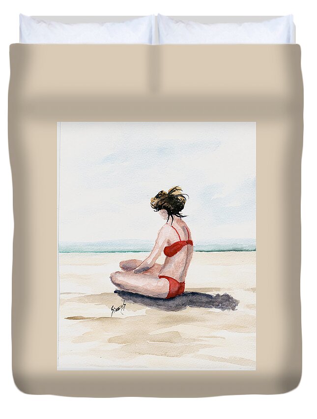Beach Duvet Cover featuring the painting Red Bikini by Sam Sidders
