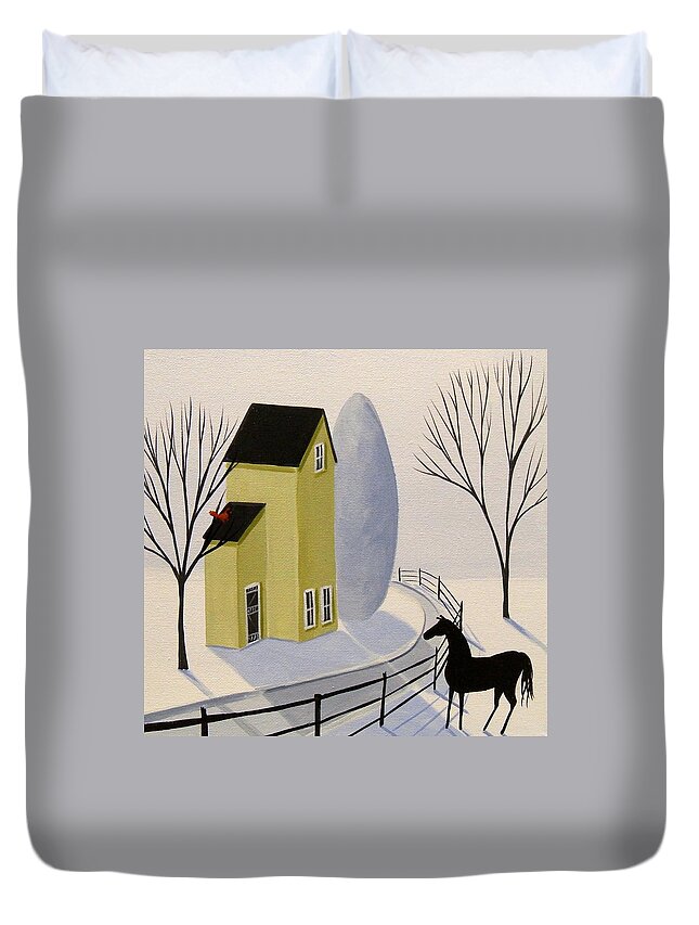 Folk Art Duvet Cover featuring the painting Red Bird, Red Bird - horse winter landscape by Debbie Criswell