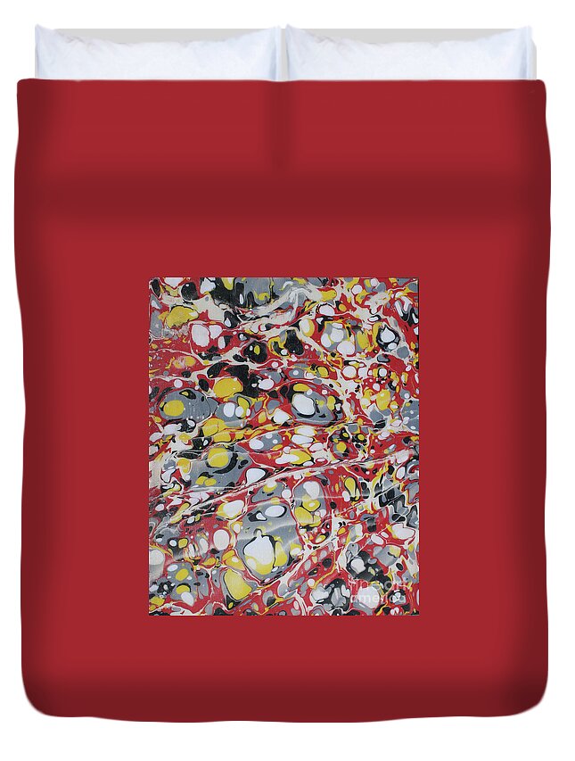 Water Marbling Duvet Cover featuring the painting Red Black and Yellow Battal by Daniela Easter