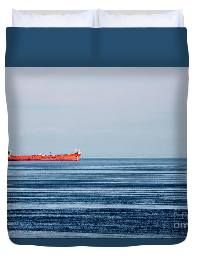 Red Boat In Calm Baltic Sea. Duvet Cover featuring the photograph Red boat in calm Baltic Sea by Sheila Smart Fine Art Photography