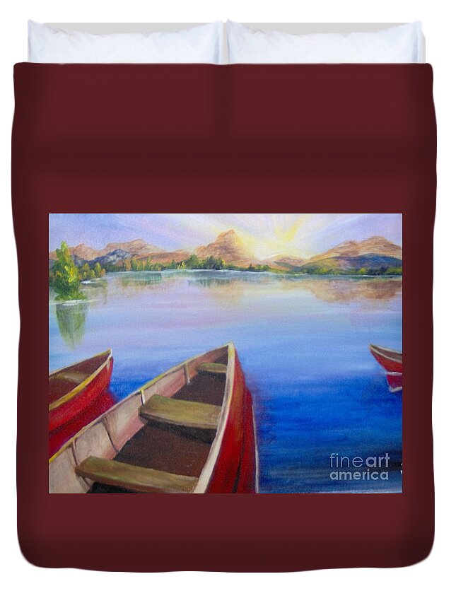 Landscape Duvet Cover featuring the painting Red Boats at Sunrise by Saundra Johnson