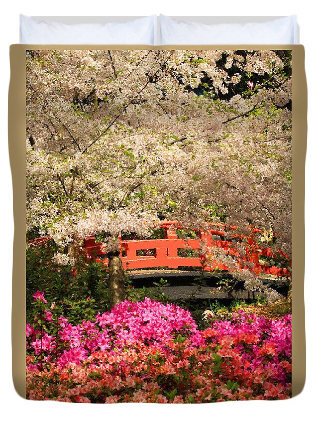 Floral Duvet Cover featuring the photograph Red Bridge and Blossoms by James Eddy
