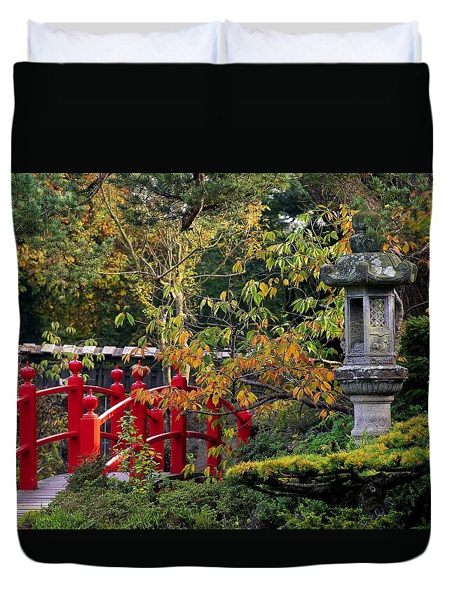 Atmosphere Duvet Cover featuring the photograph Red Bridge & Japanese Lantern, Autumn by The Irish Image Collection 