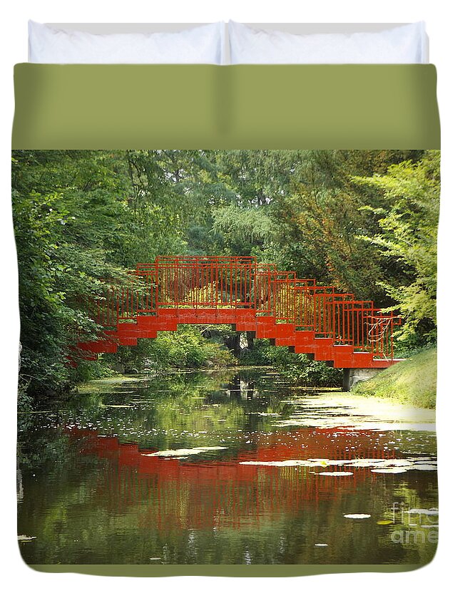 Bridge Duvet Cover featuring the photograph Red Bridge Reflection by Erick Schmidt