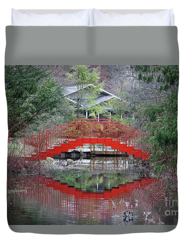Dow Duvet Cover featuring the photograph Red Bridge Reflections by Erick Schmidt