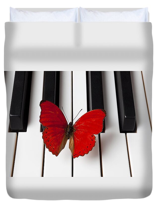 Red Butterfly Duvet Cover featuring the photograph Red Butterfly On Piano Keys by Garry Gay