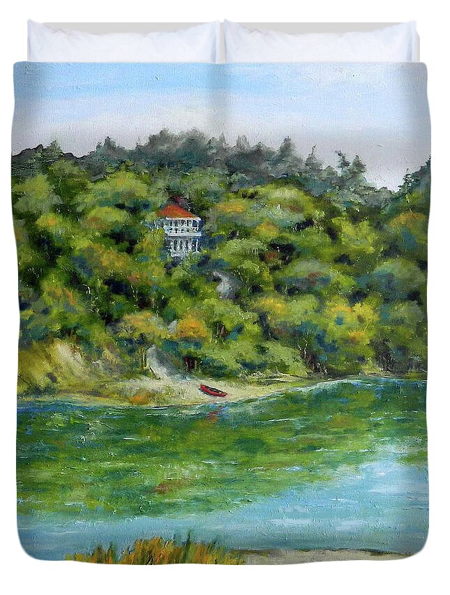 Landscape Duvet Cover featuring the painting Red Canoe by William Reed