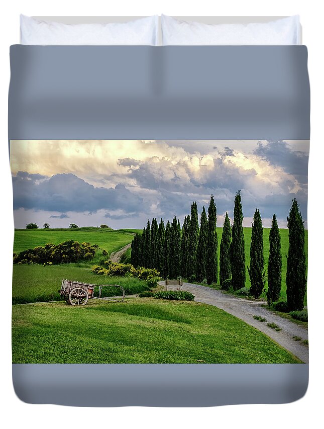 Il Rigo Duvet Cover featuring the photograph Red Cart against Tuscan Sky by Georgette Grossman