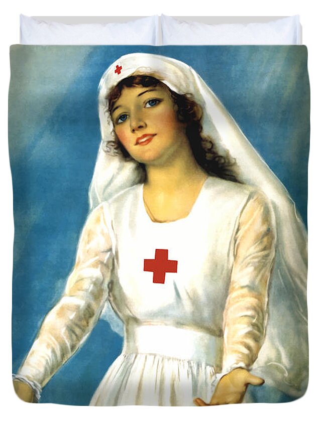 Ww1 Duvet Cover featuring the painting Red Cross Nurse - WW1 by War Is Hell Store