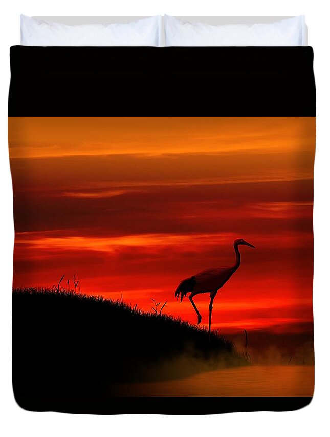 Red Crowned Crane Duvet Cover featuring the digital art Red Crowned Crane at dusk by John Wills