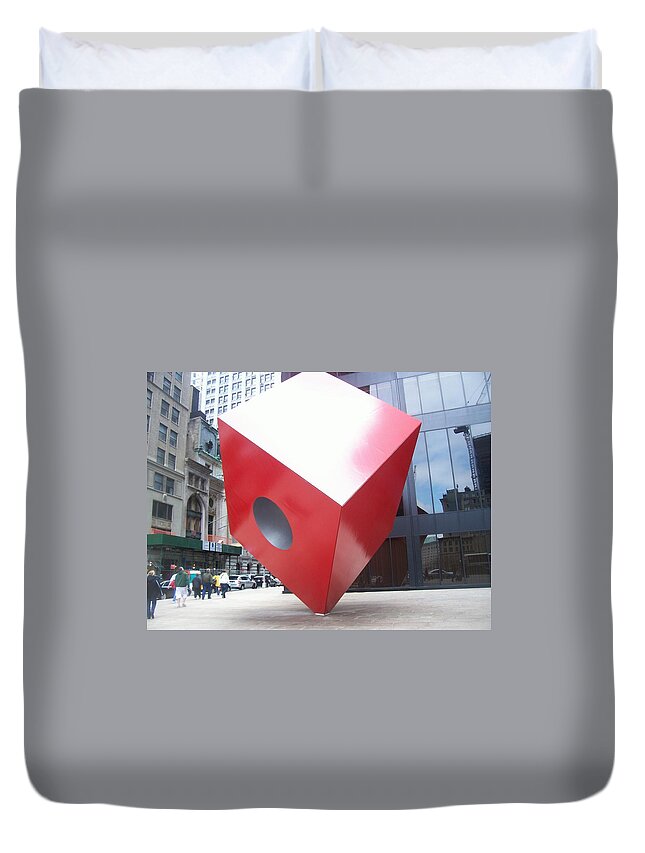 New York Duvet Cover featuring the photograph Red Cube by Angel Patterson
