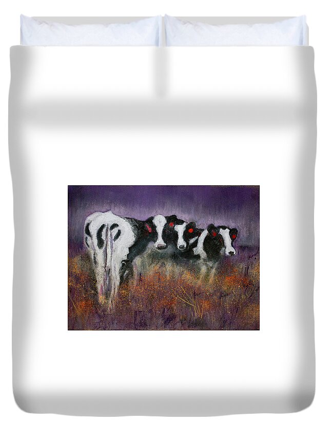Cows Duvet Cover featuring the pastel Red Earrings by Sandra Lee Scott