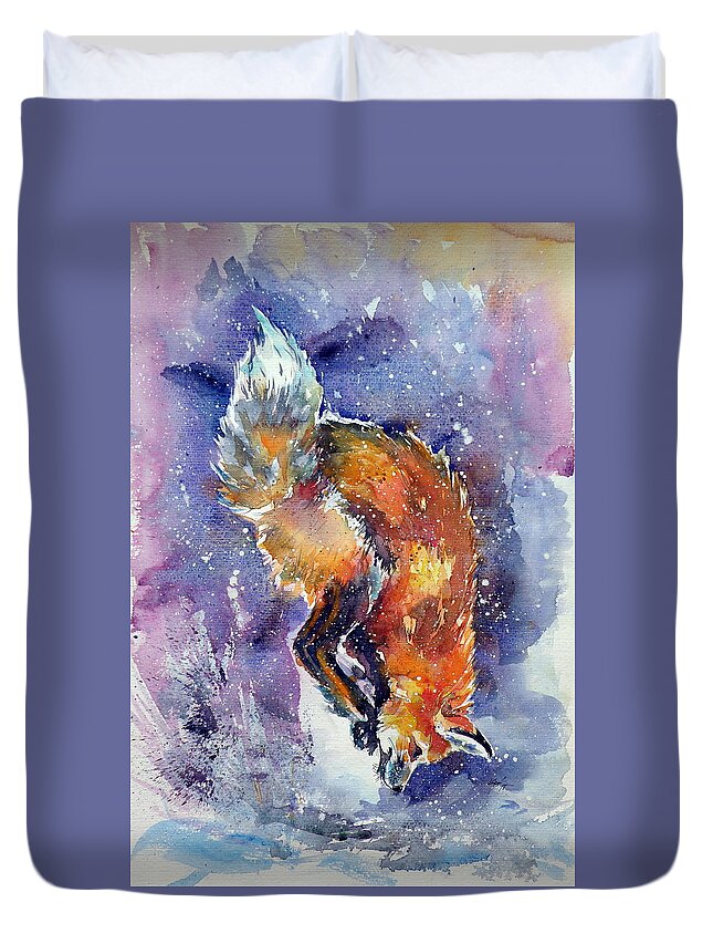 Red Fox Duvet Cover featuring the painting Red fox hunting by Kovacs Anna Brigitta