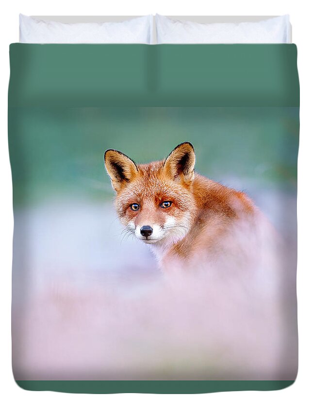 Red Fox Duvet Cover featuring the photograph Red Fox in a Mysterious World by Roeselien Raimond
