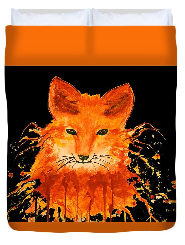  Red Duvet Cover featuring the painting Red Fox On Black by Ken Figurski