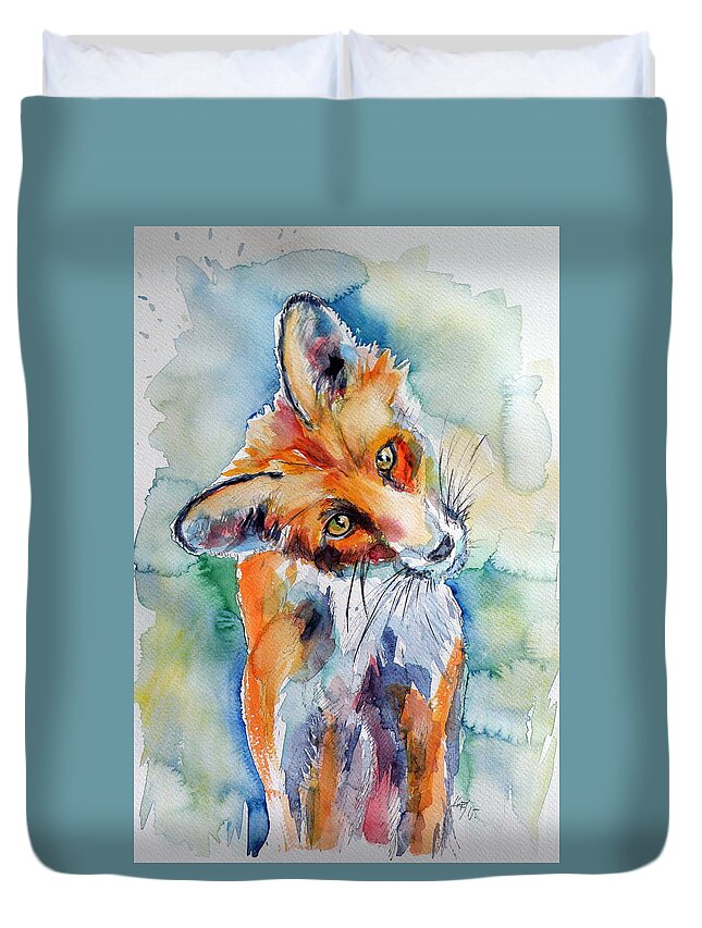 Red Fox Duvet Cover featuring the painting Red fox watching by Kovacs Anna Brigitta