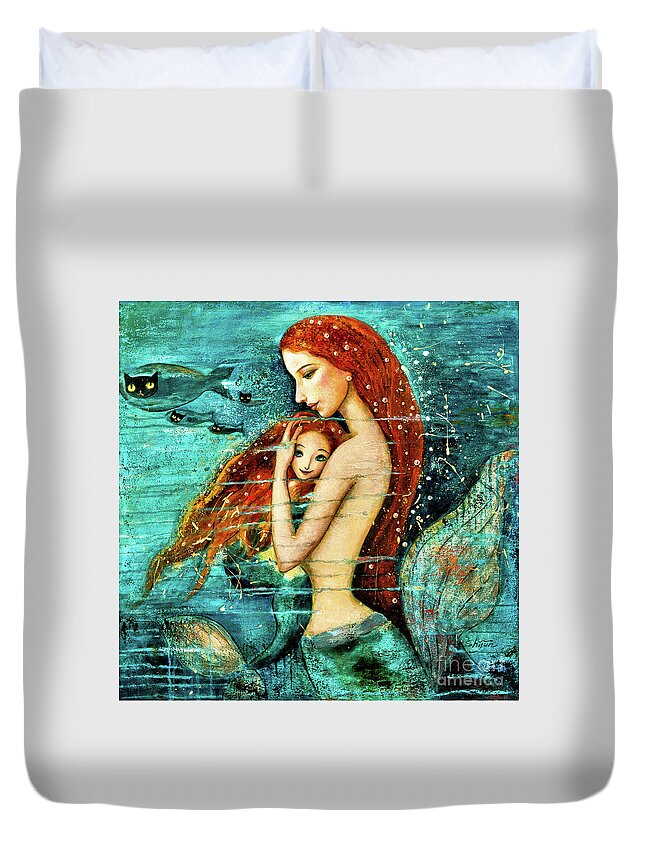 Mermaid Art Duvet Cover featuring the painting Red Hair Mermaid Mother and Child by Shijun Munns