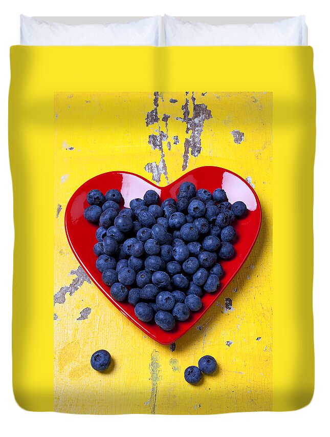 Red Heart Shaped Plate Duvet Cover featuring the photograph Red heart plate with blueberries by Garry Gay