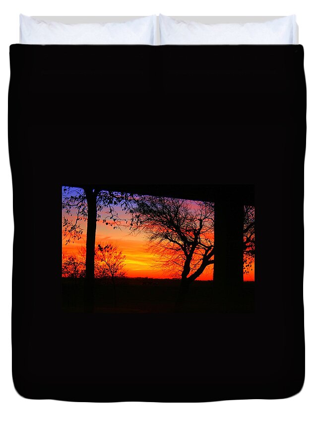 Landscape Duvet Cover featuring the photograph Red hot sunset by Julie Lueders 