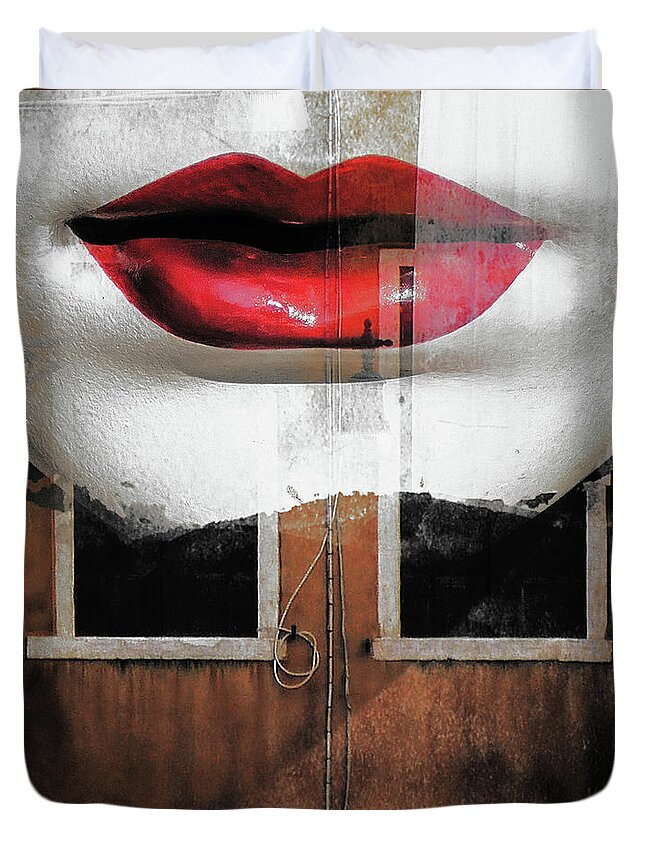 Lips Duvet Cover featuring the photograph Red lips and old windows by Gabi Hampe