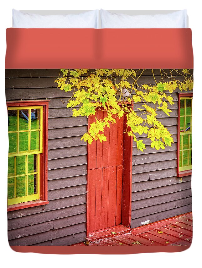 Landscape Duvet Cover featuring the photograph Red Mill Door in Fall by Joe Shrader
