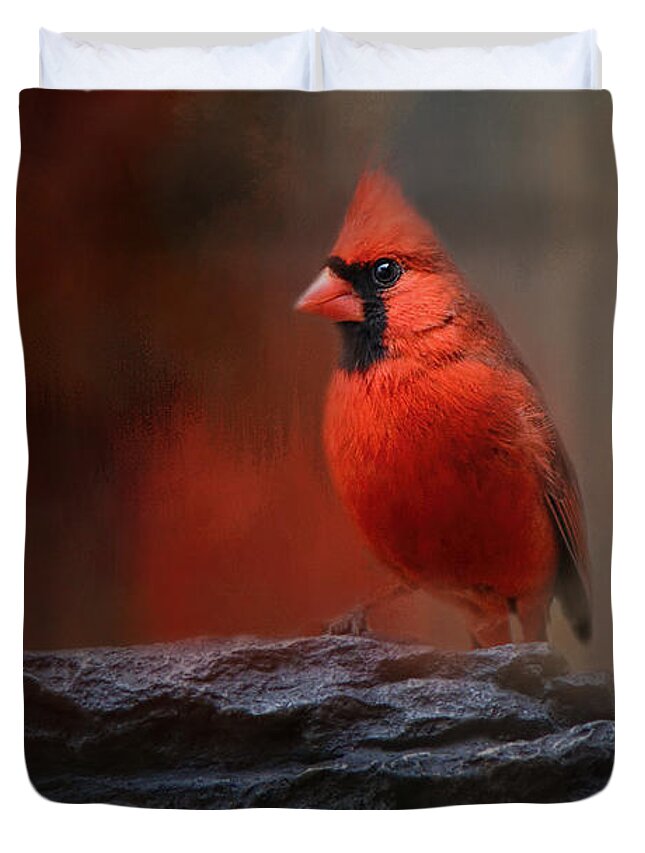 Jai Johnson Duvet Cover featuring the photograph Red On The Rocks - Cardinal Bird Art by Jai Johnson