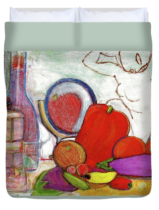 #kippax Williams Duvet Cover featuring the mixed media Red Pepper Woman Reflection by Kippax Williams