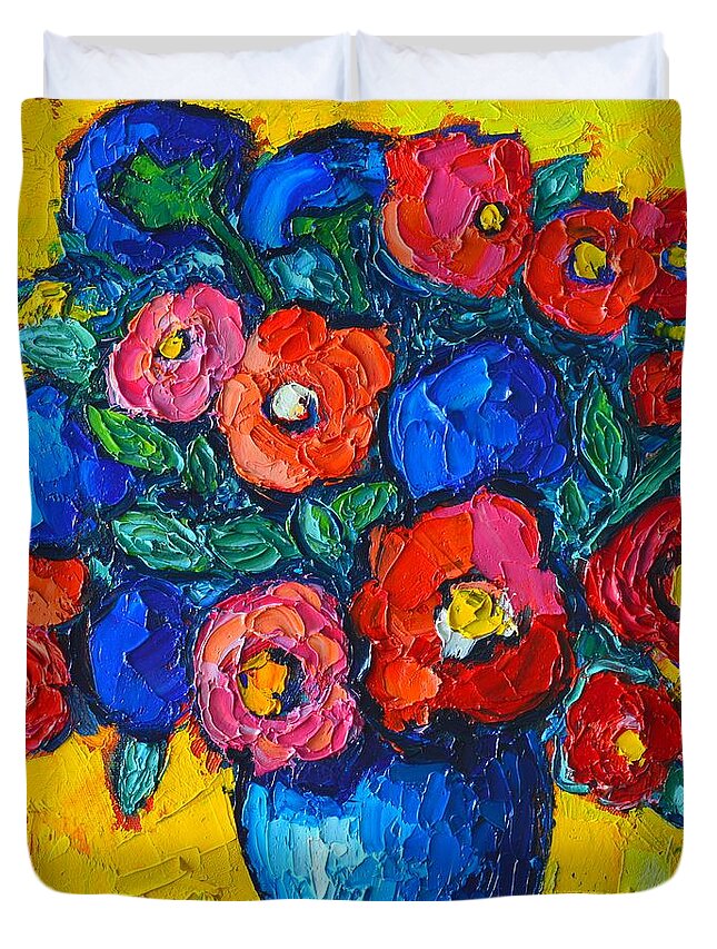 Poppies Duvet Cover featuring the painting Red Poppies And Blue Flowers - Abstract Floral by Ana Maria Edulescu