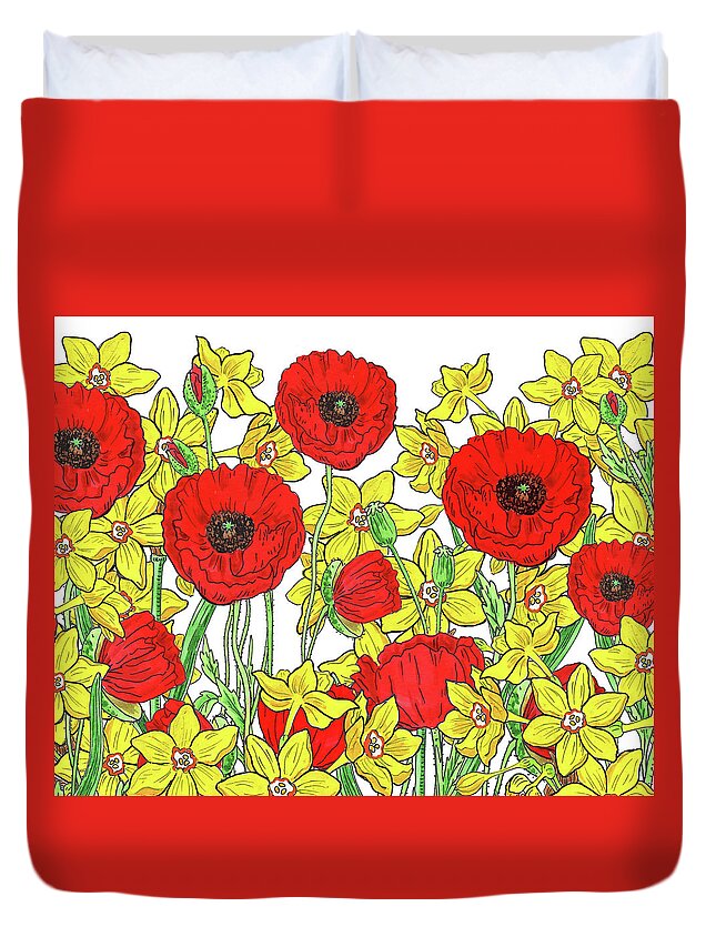 Yellow Duvet Cover featuring the painting Red Poppies Yellow Daffodils Watercolor Pattern by Irina Sztukowski