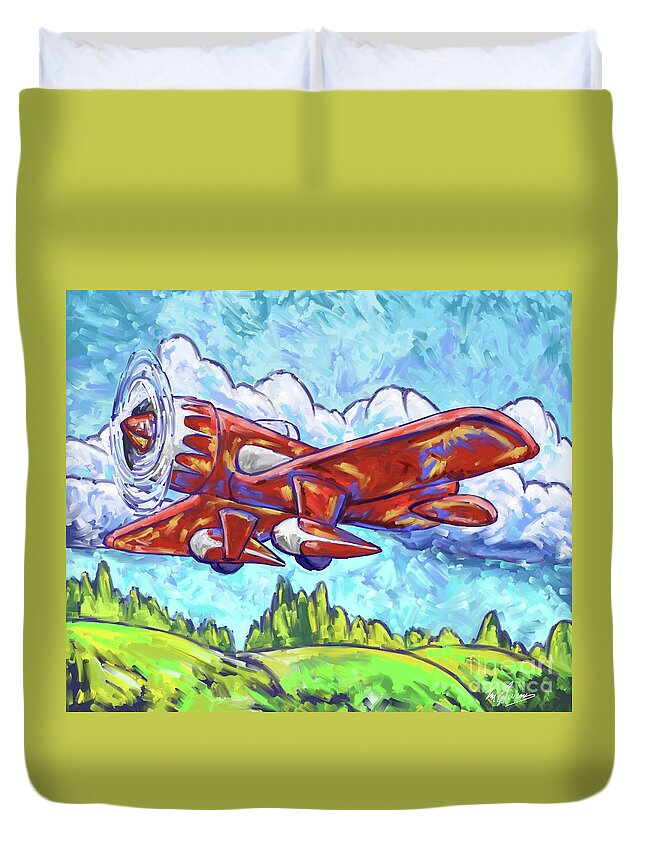 Red Duvet Cover featuring the painting Red Racing Plane by Tim Gilliland