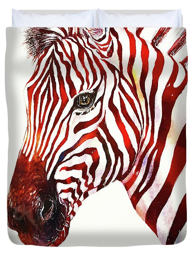 Zebra Duvet Cover featuring the painting Red Rodney Zebra by Arti Chauhan