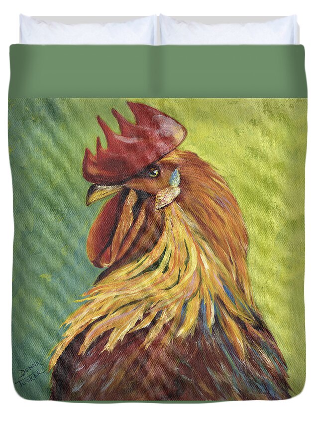 Rooster Duvet Cover featuring the painting Red Rooster Portrait by Donna Tucker