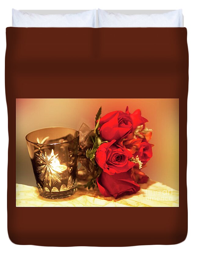 Roses Duvet Cover featuring the photograph Red Rose Bouquet and Candle by Linda Phelps