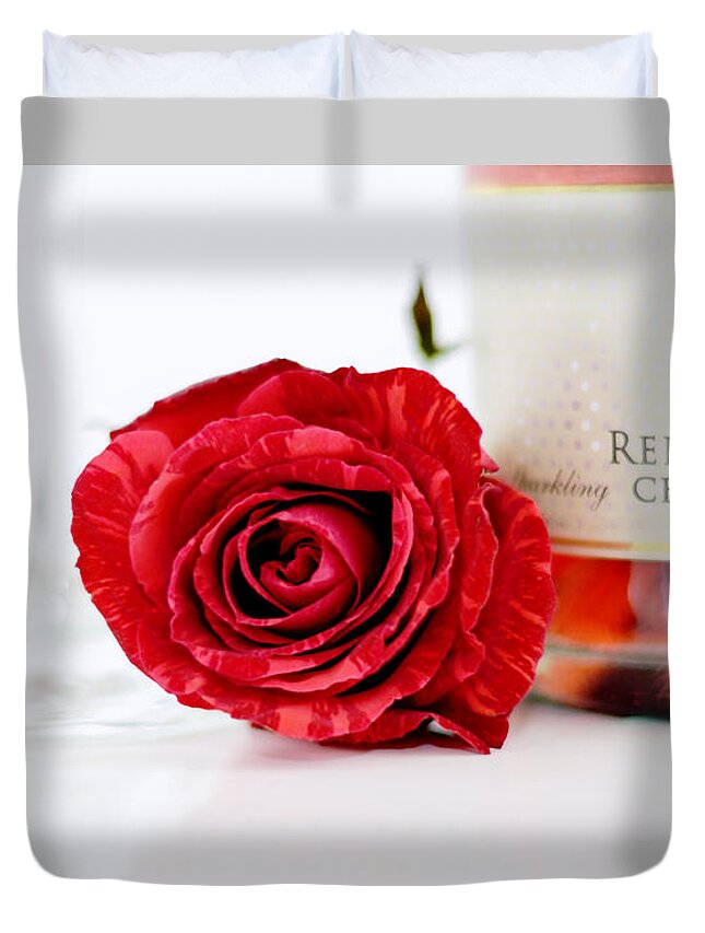 Background Duvet Cover featuring the photograph Red Rose With Champagne by Serena King