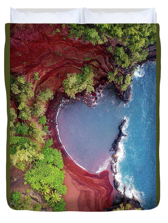 Maui Hawaii Seascape Aerial Ocean Beach Duvet Cover featuring the photograph Red Sand Heart by James Roemmling