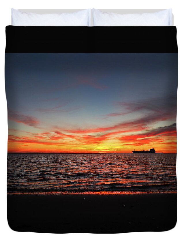 Ship Duvet Cover featuring the photograph Red Sky Sunrise by Jerry Connally