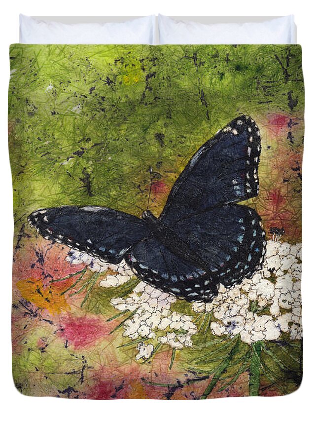 Butterfly Duvet Cover featuring the painting Red Spotted Purple Butterfly Queen Annes Lace Batik by Conni Schaftenaar