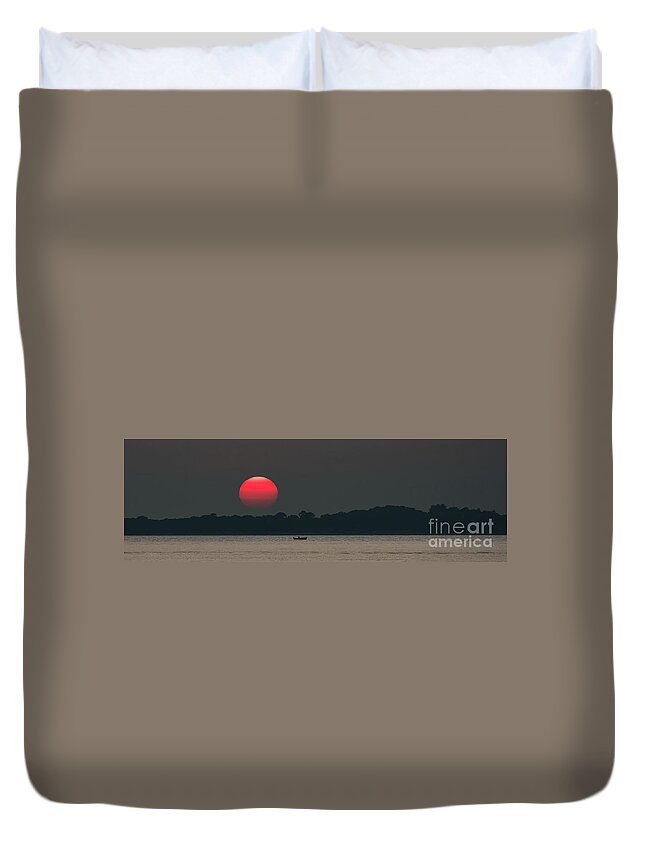 Sun Duvet Cover featuring the photograph Red Sun at Sunset at Sea with Fishing Boat by Andreas Berthold